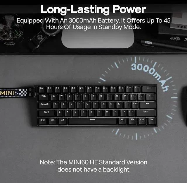 Alt view image 6 of 6 - Aula MINI60 HE Hall Effect Gaming Keyboard, 2.4GHz/BT, 8K Hz Polling, SOCD & DKS, Adjustable Actuation & Fast Trigger, PBT Keycap, 60% Wireless Mechanical Keyboard for Win/Mac (Standard)