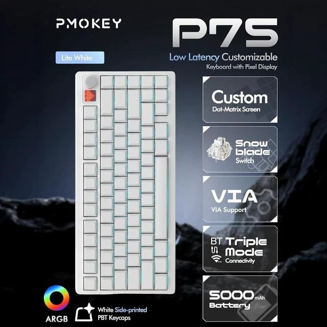 Main image of PMOKEY P75 75% Wireless Mechanical Keyboard, Tri-Mode RGB Gaming Keyboard with Dot-Matrix Display, Aluminum Alloy Body, Volume Knob, Up to 10000mAh Battery (Lite White)