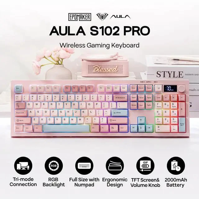 Alt view image 2 of 7 - Aula S102 PRO Membrane Gaming Keyboard with TFT Screen, Volume Knob & Number Pad, BT/2.4G/USB, RGB Backlit, Creamy Silicone Structure, Silent Keyboard for PC Game/Office (Pink)