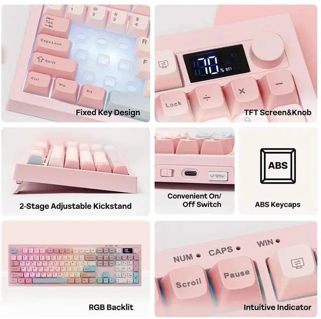 Alt view image 3 of 7 - Aula S102 PRO Membrane Gaming Keyboard with TFT Screen, Volume Knob & Number Pad, BT/2.4G/USB, RGB Backlit, Creamy Silicone Structure, Silent Keyboard for PC Game/Office (Pink)