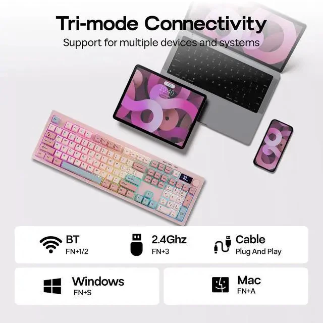 Alt view image 5 of 7 - Aula S102 PRO Membrane Gaming Keyboard with TFT Screen, Volume Knob & Number Pad, BT/2.4G/USB, RGB Backlit, Creamy Silicone Structure, Silent Keyboard for PC Game/Office (Pink)