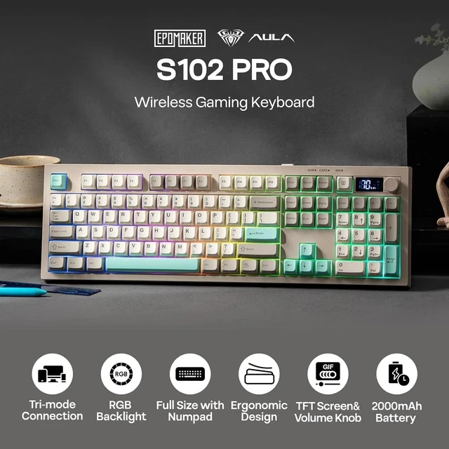 Alt view image 2 of 7 - Aula S102 PRO Membrane Gaming Keyboard with TFT Screen, Volume Knob & Number Pad, BT/2.4G/USB, RGB Backlit, Creamy Silicone Structure, Silent Keyboard for PC Game/Office (Grey)