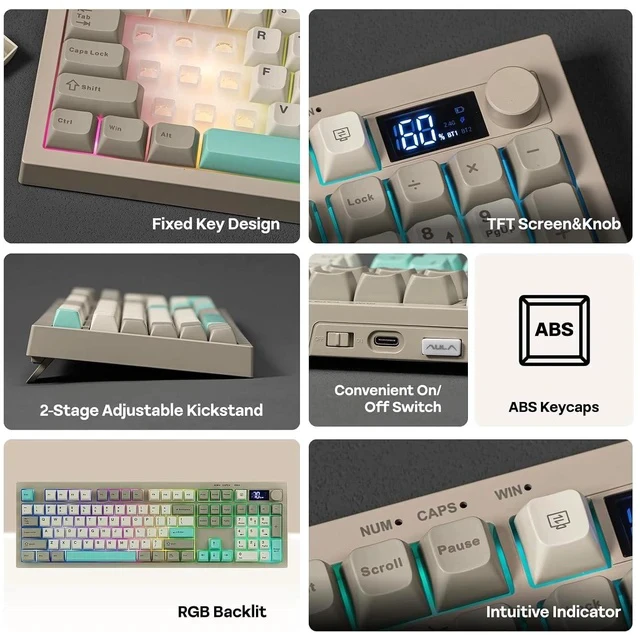 Alt view image 3 of 7 - Aula S102 PRO Membrane Gaming Keyboard with TFT Screen, Volume Knob & Number Pad, BT/2.4G/USB, RGB Backlit, Creamy Silicone Structure, Silent Keyboard for PC Game/Office (Grey)