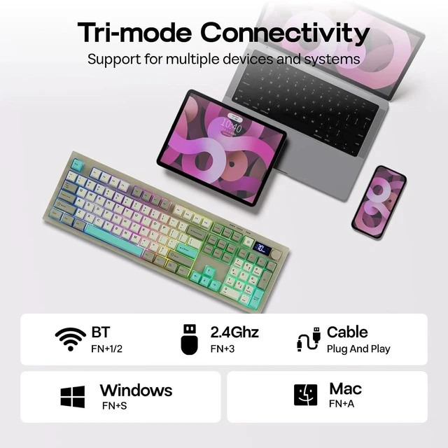 Alt view image 5 of 7 - Aula S102 PRO Membrane Gaming Keyboard with TFT Screen, Volume Knob & Number Pad, BT/2.4G/USB, RGB Backlit, Creamy Silicone Structure, Silent Keyboard for PC Game/Office (Grey)