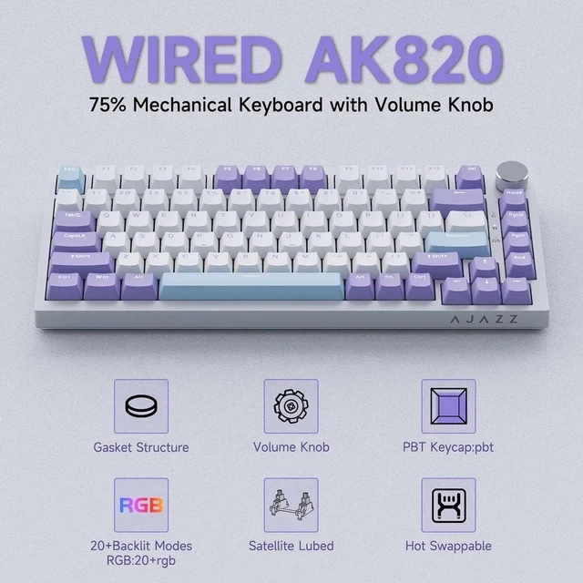 Alt view image 4 of 7 - AK820 TKL 75% Hot Swappable Mechanical Keyboard with Volume Knob, Gasket Mount Wired Gaming Keyboard, Pre-lubed Linear Switch, South-Facing RGB, PBT Keycaps