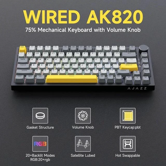 Alt view image 7 of 7 - AK820 TKL 75% Hot Swappable Mechanical Keyboard with Volume Knob, Gasket Mount Wired Gaming Creamy Keyboard, Pre-lubed Linear Switch, South-Facing RGB, PBT Keycaps