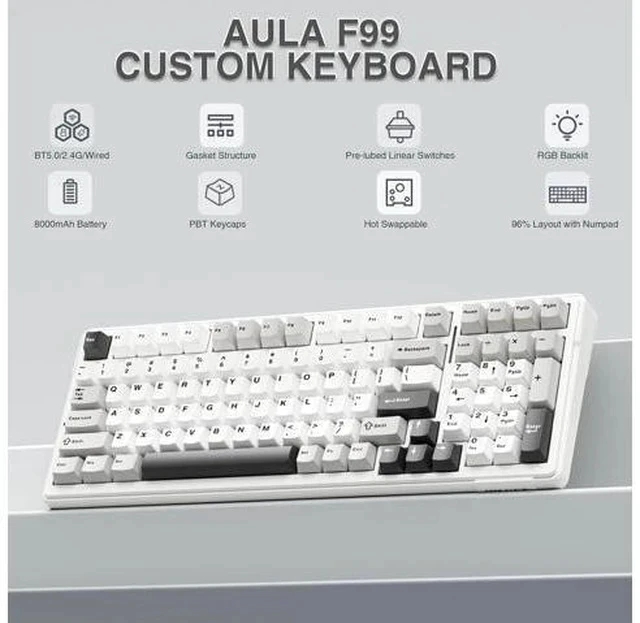 Alt view image 2 of 7 - AULA F99 Wireless Mechanical Keyboard,Tri-Mode BT5.0/2.4GHz/USB-C Hot Swappable Custom Keyboard,Pre-lubed Linear Switches,Gasket Structure,RGB Backlit Gaming Keyboards for PC/Tablet/PS/Xbox