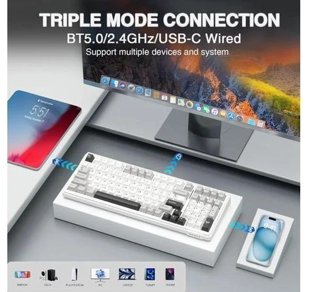 Alt view image 6 of 7 - AULA F99 Wireless Mechanical Keyboard,Tri-Mode BT5.0/2.4GHz/USB-C Hot Swappable Custom Keyboard,Pre-lubed Linear Switches,Gasket Structure,RGB Backlit Gaming Keyboards for PC/Tablet/PS/Xbox