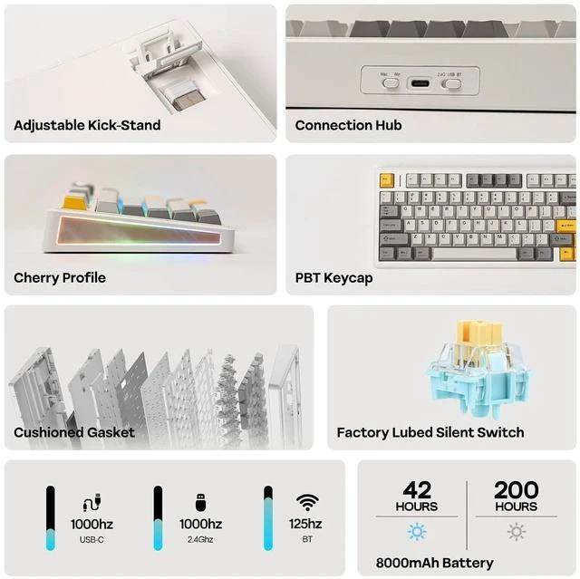 Alt view image 2 of 6 - TH80 V2 75% Wireless Mechanical Keyboard with Metal Knob, 8000mAh, 2.4Ghz/BT/USB-C, RGB, Hot Swap, Custom Driver, PBT Keycap, Wireless Gaming Keyboard for PC/Mac (White, Sea Salt Silent)