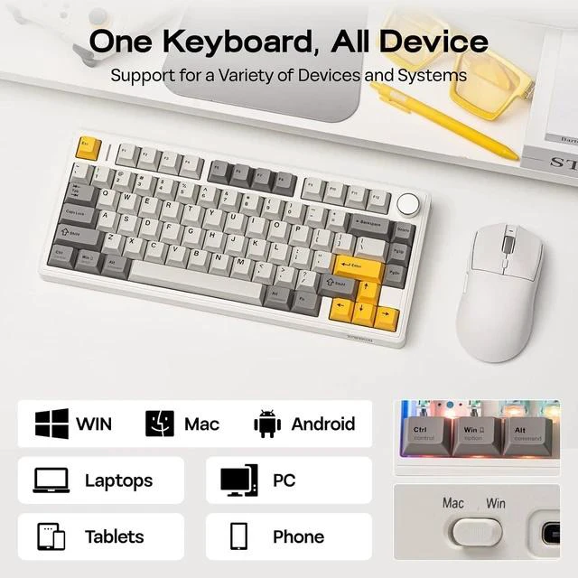 Alt view image 5 of 6 - TH80 V2 75% Wireless Mechanical Keyboard with Metal Knob, 8000mAh, 2.4Ghz/BT/USB-C, RGB, Hot Swap, Custom Driver, PBT Keycap, Wireless Gaming Keyboard for PC/Mac (White, Sea Salt Silent)