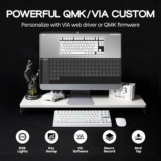 Alt view image 2 of 6 - G84 80% RGB Gaming Mechanical Keyboard, 2.4GHz/ Type-C/BT Wireless Keyboard, QMK/VIA Programmable, Hot-Swappable, NKRO, with Shine Through PBT Keycaps for Gamers (White, Creamy Jade Switch)