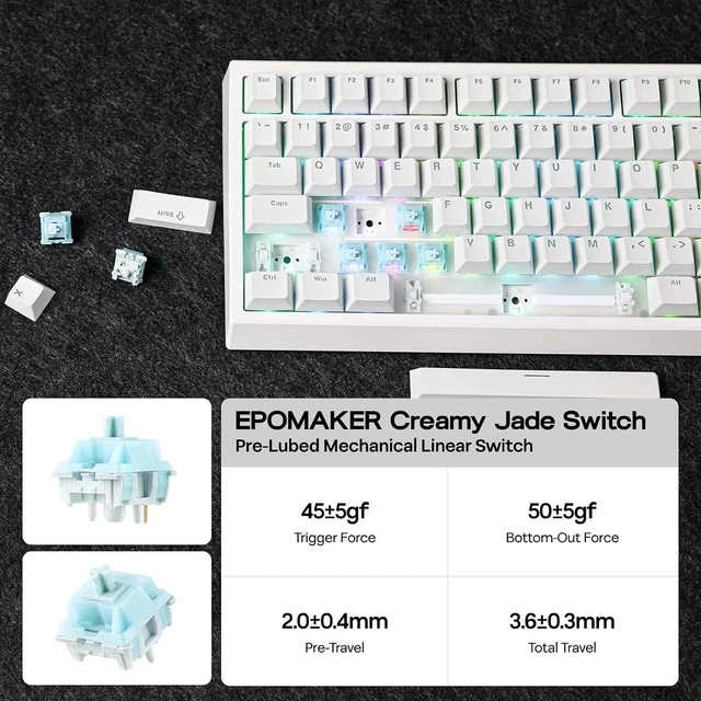 Alt view image 6 of 6 - G84 80% RGB Gaming Mechanical Keyboard, 2.4GHz/ Type-C/BT Wireless Keyboard, QMK/VIA Programmable, Hot-Swappable, NKRO, with Shine Through PBT Keycaps for Gamers (White, Creamy Jade Switch)