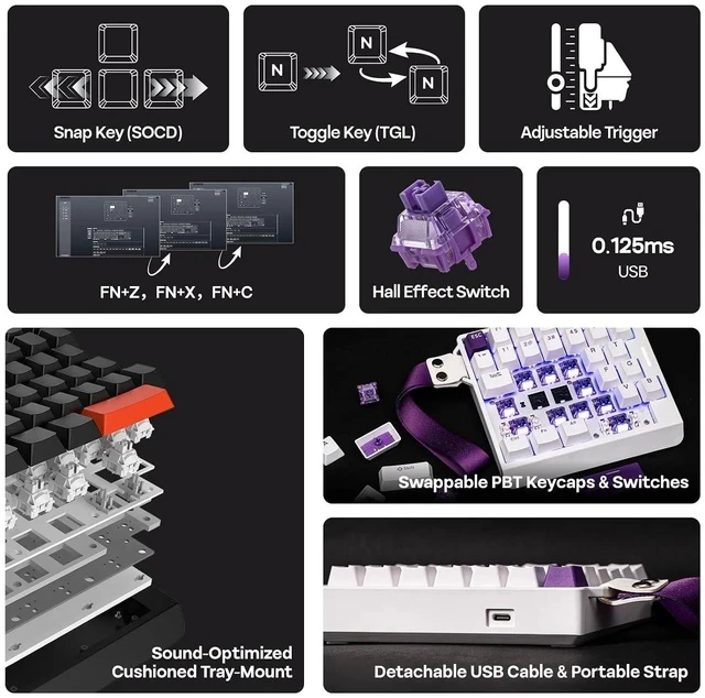 Alt view image 3 of 7 - HE30 One-Handed Hall Effect Keyboard, 8K Polling & 0.125ms, SOCD & Snap Key, Adjustable Trigger, PBT Keycap, RGB, Custom Software, Wired Gaming Keyboard for PC/Gamer (White Purple)