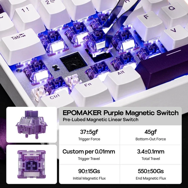 Alt view image 7 of 7 - HE30 One-Handed Hall Effect Keyboard, 8K Polling & 0.125ms, SOCD & Snap Key, Adjustable Trigger, PBT Keycap, RGB, Custom Software, Wired Gaming Keyboard for PC/Gamer (White Purple)