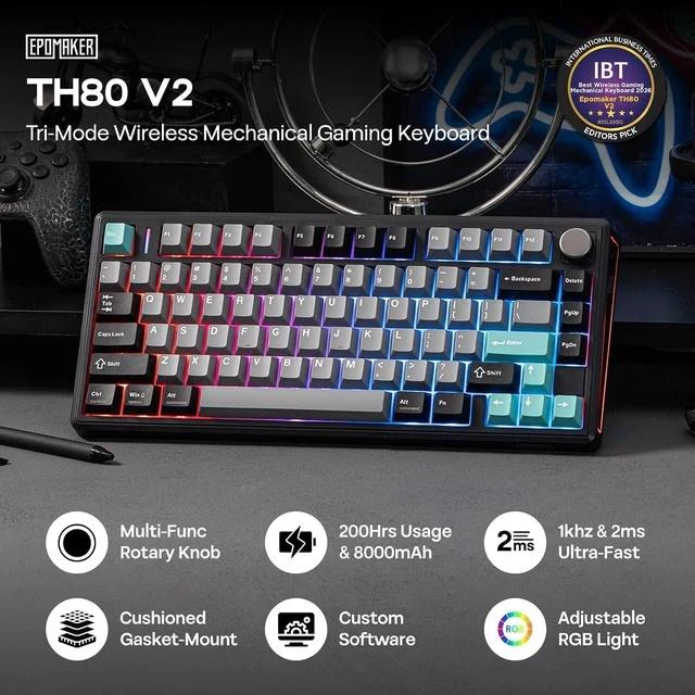 Main image of TH80 V2 75% Wireless Mechanical Keyboard with Metal Knob, 8000mAh, 2.4Ghz/BT/USB-C, RGB, Hot Swap, Custom Driver, PBT Keycap, Wireless Gaming Keyboard for PC/Mac (Black, Creamy Jade)