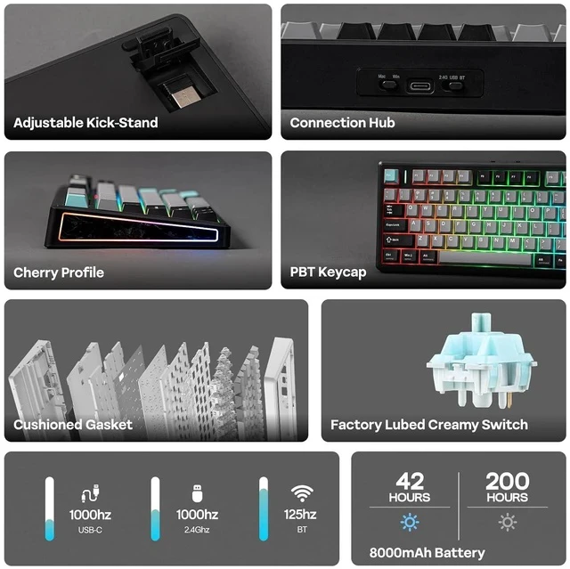 Alt view image 2 of 6 - TH80 V2 75% Wireless Mechanical Keyboard with Metal Knob, 8000mAh, 2.4Ghz/BT/USB-C, RGB, Hot Swap, Custom Driver, PBT Keycap, Wireless Gaming Keyboard for PC/Mac (Black, Creamy Jade)