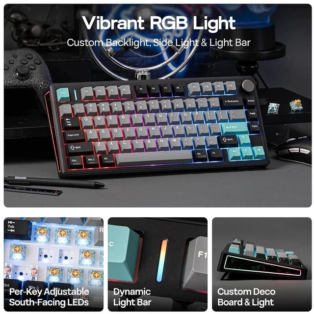 Alt view image 3 of 6 - TH80 V2 75% Wireless Mechanical Keyboard with Metal Knob, 8000mAh, 2.4Ghz/BT/USB-C, RGB, Hot Swap, Custom Driver, PBT Keycap, Wireless Gaming Keyboard for PC/Mac (Black, Creamy Jade)