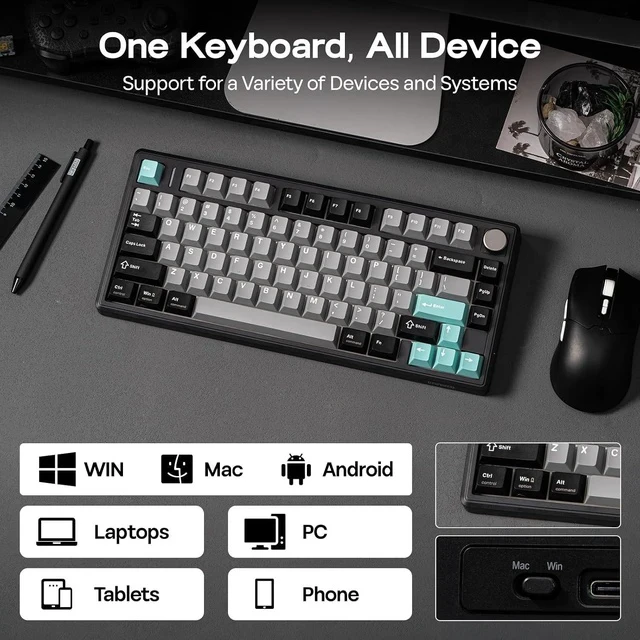 Alt view image 5 of 6 - TH80 V2 75% Wireless Mechanical Keyboard with Metal Knob, 8000mAh, 2.4Ghz/BT/USB-C, RGB, Hot Swap, Custom Driver, PBT Keycap, Wireless Gaming Keyboard for PC/Mac (Black, Creamy Jade)