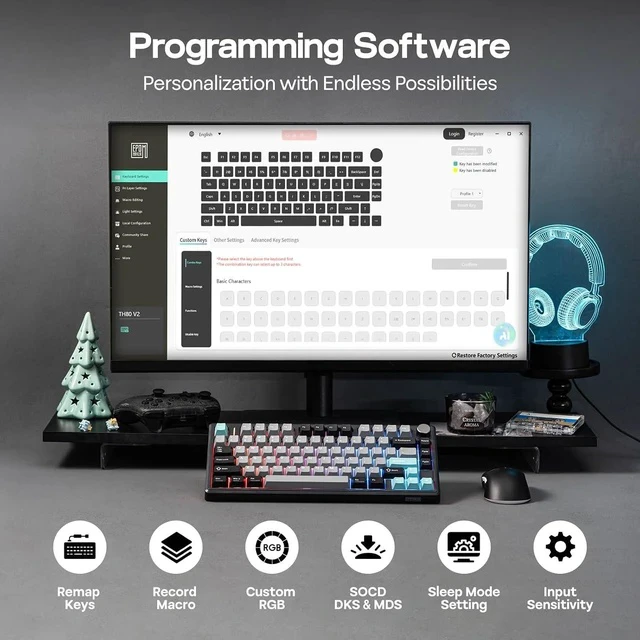 Alt view image 6 of 6 - TH80 V2 75% Wireless Mechanical Keyboard with Metal Knob, 8000mAh, 2.4Ghz/BT/USB-C, RGB, Hot Swap, Custom Driver, PBT Keycap, Wireless Gaming Keyboard for PC/Mac (Black, Creamy Jade)