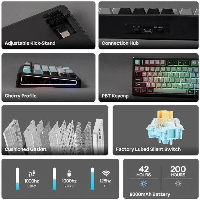 Alt view image 2 of 6 - TH80 V2 75% Wireless Mechanical Keyboard with Metal Knob, 8000mAh, 2.4Ghz/BT/USB-C, RGB, Hot Swap, Custom Driver, PBT Keycap, Wireless Gaming Keyboard for PC/Mac (Black, Sea Salt Silent)