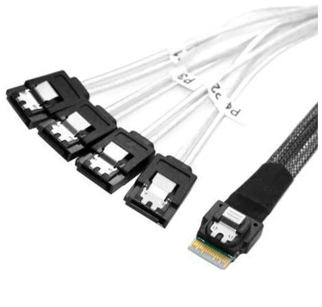 Alt view image 2 of 2 - 50cm Slim Line SAS 4.0 SFF-8654 4i 38Pin Host to 4 SATA 7Pin Target Hard Disk Fanout Raid Cable