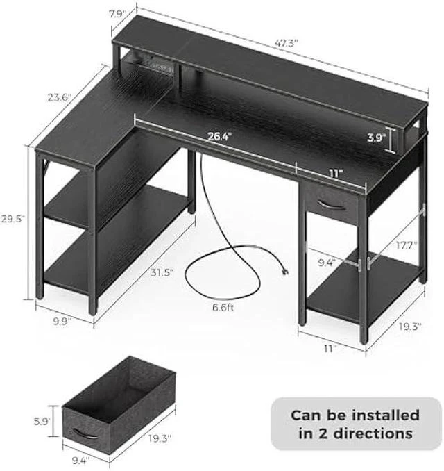 Alt view image 3 of 5 - SUPERJARE Reversible L Shaped Gaming Desk with Drawer, LED Lights & Power Outlets, Corner Computer Desk with Shelves & Monitor Stand for Home, Office, Black, 47 inches