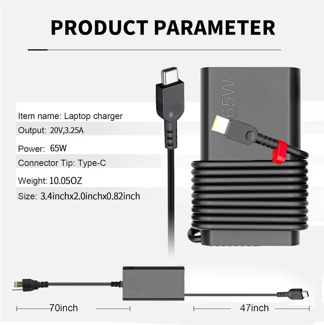 Alt view image 3 of 7 - New Slim 65W USB C Laptop Charger Compatible with Laptop and Thinkpad/Yoga/Chromebook USB Type C Power Adapter