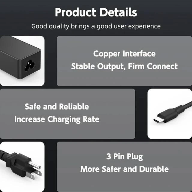 Alt view image 7 of 7 - 90W USB C Laptop Charger Compatible with Thinkpad/Yoga Chromebook/Latitude/XPS HP Google Type C Laptop Power Supply Cord
