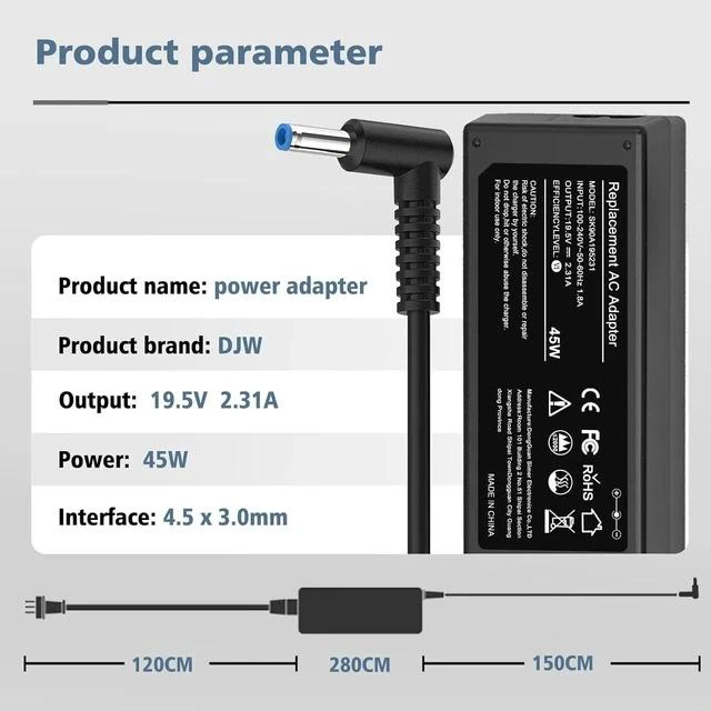 Alt view image 2 of 7 - Charger Compatible with HP Laptop Computer 45W Smart Blue Tip Power Adapter