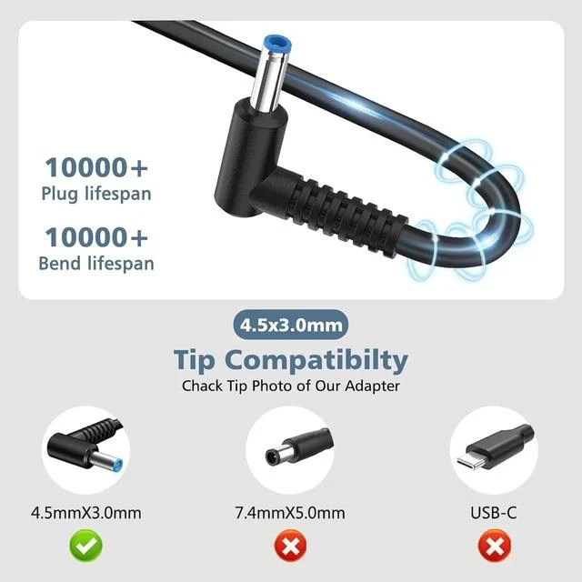 Alt view image 3 of 7 - Charger Compatible with HP Laptop Computer 45W Smart Blue Tip Power Adapter
