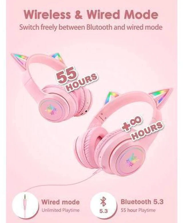 Alt view image 4 of 7 - ONITOON Cat Ear Bluetooth Headphones with Micphone for Kids & Adults, LED Light Up Wireless HI-FI Sound Quality, Over-Ear Headphones with Volume Control for iPhone/iPad/Laptop/PC(55H Play Time)