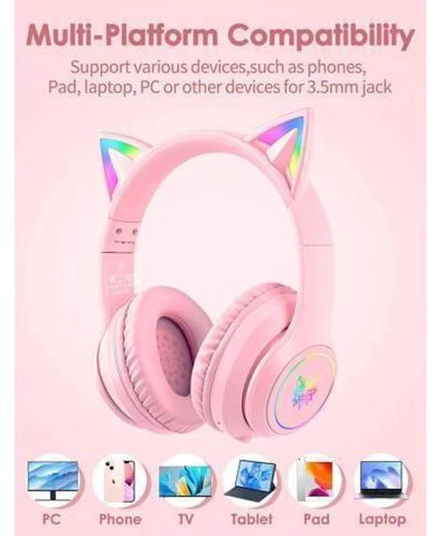 Alt view image 5 of 7 - ONITOON Cat Ear Bluetooth Headphones with Micphone for Kids & Adults, LED Light Up Wireless HI-FI Sound Quality, Over-Ear Headphones with Volume Control for iPhone/iPad/Laptop/PC(55H Play Time)