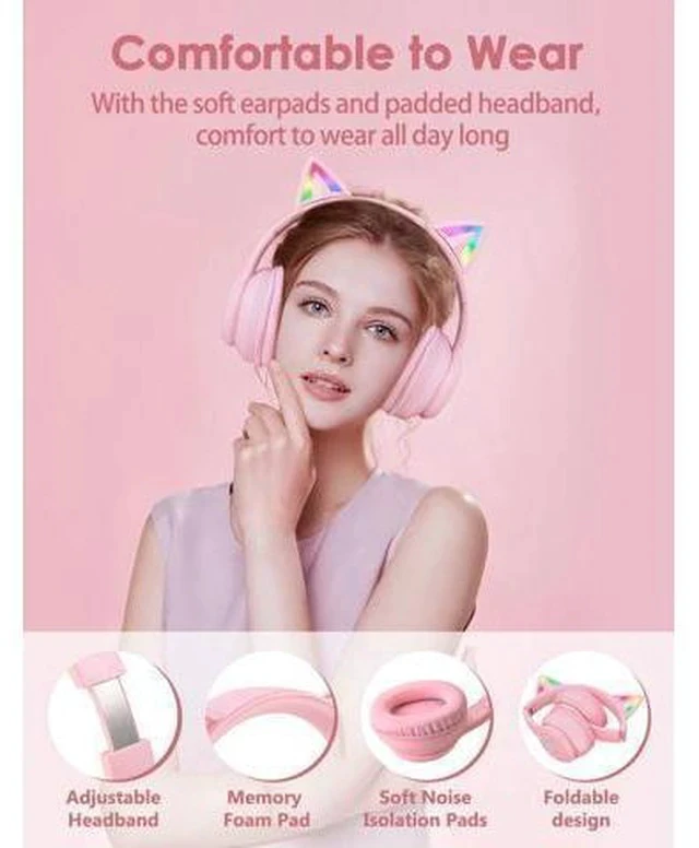 Alt view image 6 of 7 - ONITOON Cat Ear Bluetooth Headphones with Micphone for Kids & Adults, LED Light Up Wireless HI-FI Sound Quality, Over-Ear Headphones with Volume Control for iPhone/iPad/Laptop/PC(55H Play Time)