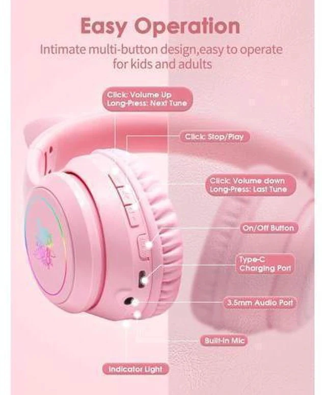 Alt view image 7 of 7 - ONITOON Cat Ear Bluetooth Headphones with Micphone for Kids & Adults, LED Light Up Wireless HI-FI Sound Quality, Over-Ear Headphones with Volume Control for iPhone/iPad/Laptop/PC(55H Play Time)