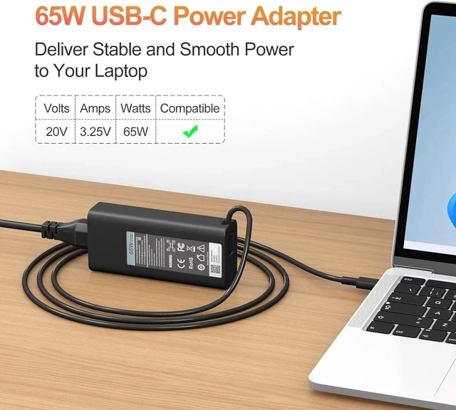 Alt view image 4 of 6 - 65W USB-C Laptop Charger for XPS 13 9250 9350 Latitude 5420 5520 5530 5430 5540 Inspiron 14 16 7420 7425 7620 2in1 Chromebook 3100 AC Adapter Power Cord Type c Laptop Charger