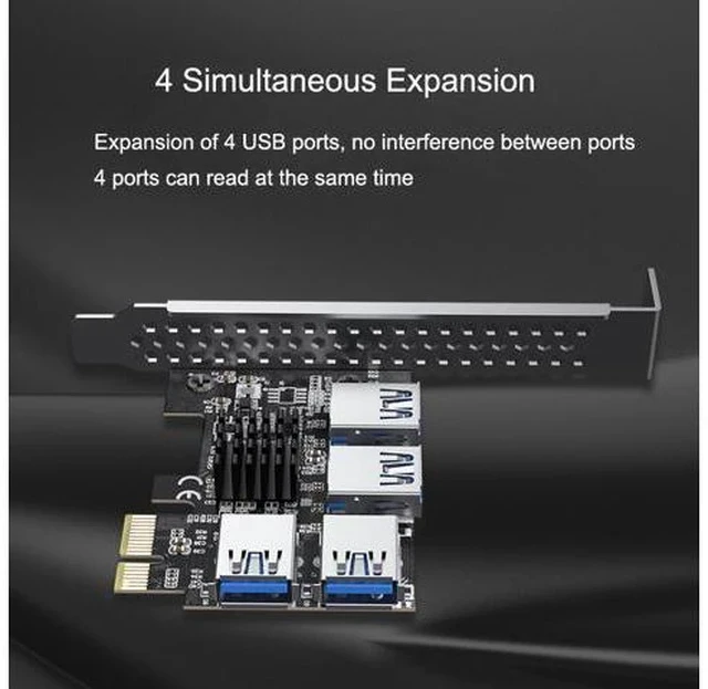 Alt view image 4 of 7 - PCI-e to 4 Ports USB 3.0 Adapter PCIe 1 to 4 PCI Express Riser Card PCI-E 1X 4X 6X 8X 16X Slots to External 4 PCI-e slot Adapter PCIe Port Multiplier Card for Bitcoin Miner