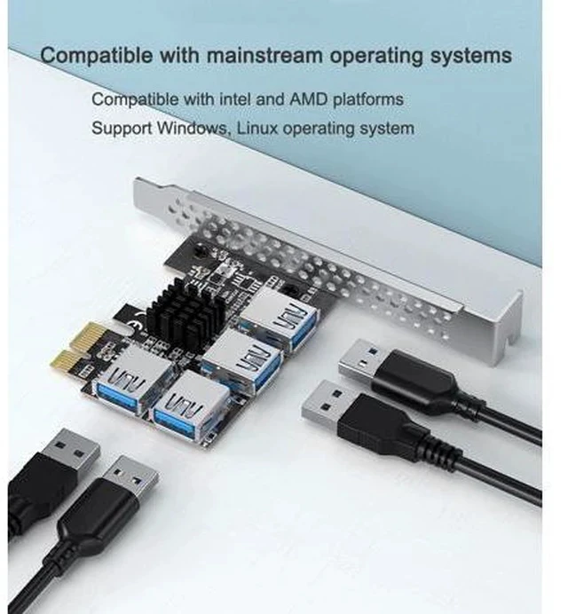 Alt view image 5 of 7 - PCI-e to 4 Ports USB 3.0 Adapter PCIe 1 to 4 PCI Express Riser Card PCI-E 1X 4X 6X 8X 16X Slots to External 4 PCI-e slot Adapter PCIe Port Multiplier Card for Bitcoin Miner