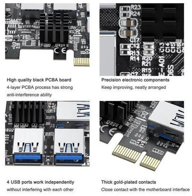 Alt view image 2 of 7 - PCI-e to 4 Ports USB 3.0 Adapter PCIe 1 to 4 PCI Express Riser Card PCI-E 1X 4X 6X 8X 16X Slots to External 4 PCI-e slot Adapter PCIe Port Multiplier Card for Bitcoin Miner