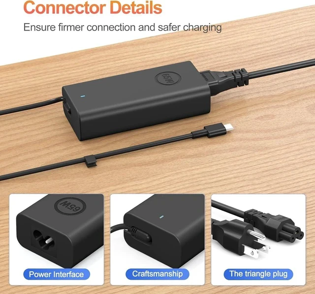 Alt view image 5 of 6 - 65W USB-C Laptop Charger for XPS 13 9250 9350 Latitude 5420 5520 5530 5430 5540 Inspiron 14 16 7420 7425 7620 2in1 Chromebook 3100 AC Adapter Power Cord Type c Laptop Charger