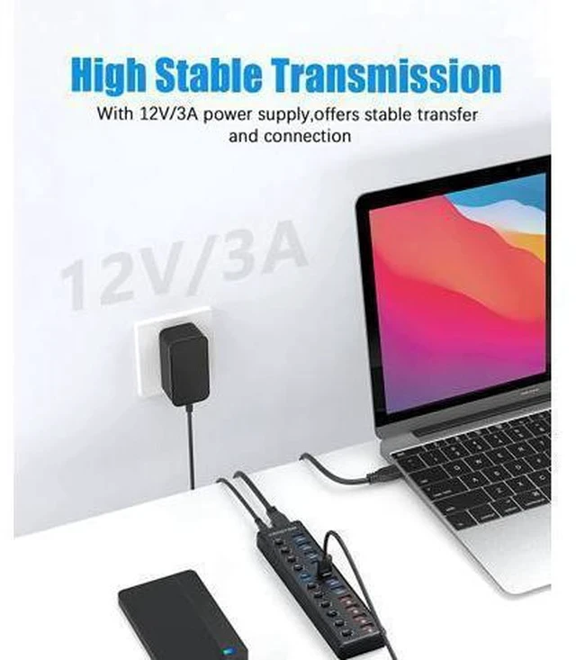 Alt view image 4 of 7 - Powered USB Hub 3.0, 11-Port USB Hub Splitter (7 USB 3.0 Data Ports + 4 Smart Charging Port) with 12V/3A Power Adapter and LED Individual On/Off Switches for Laptop and PC