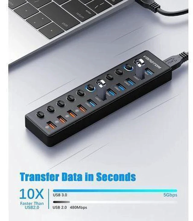 Alt view image 3 of 7 - Powered USB Hub 3.0, 11-Port USB Hub Splitter (7 USB 3.0 Data Ports + 4 Smart Charging Port) with 12V/3A Power Adapter and LED Individual On/Off Switches for Laptop and PC