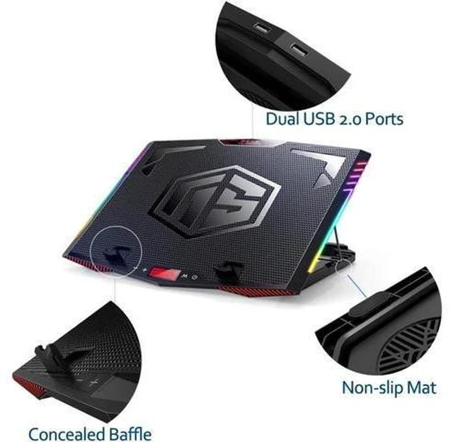 Alt view image 3 of 6 - MeFee RGB Laptop Cooling Pad for 15.6-21 Inch Professional Gaming Laptop Cooler with 6 Quiet Fans and Button Control, Pure Metal Panel Portable Cooler