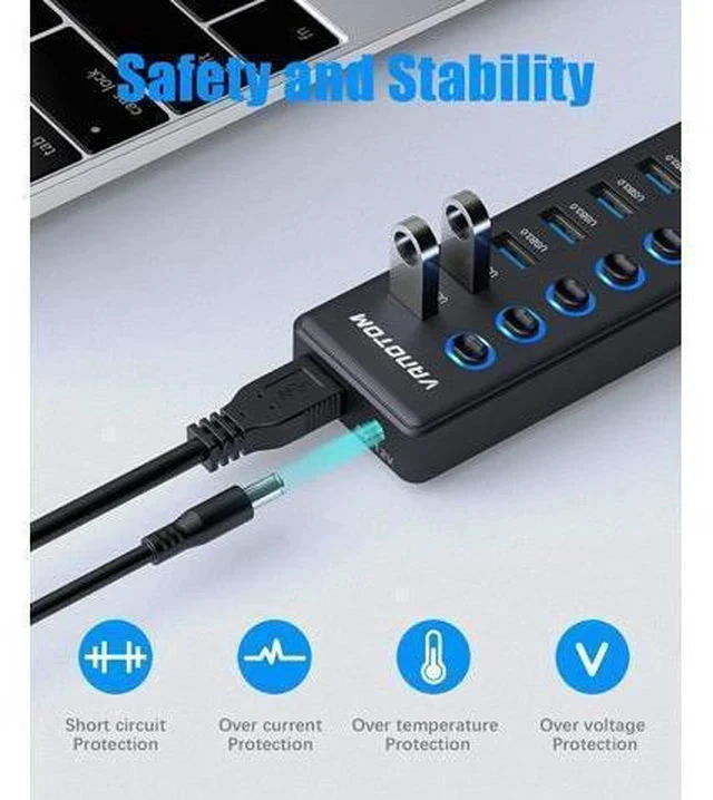 Alt view image 6 of 7 - Powered USB Hub 3.0, 11-Port USB Hub Splitter (7 USB 3.0 Data Ports + 4 Smart Charging Port) with 12V/3A Power Adapter and LED Individual On/Off Switches for Laptop and PC