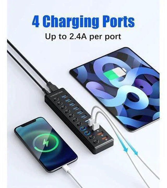 Alt view image 5 of 7 - Powered USB Hub 3.0, 11-Port USB Hub Splitter (7 USB 3.0 Data Ports + 4 Smart Charging Port) with 12V/3A Power Adapter and LED Individual On/Off Switches for Laptop and PC