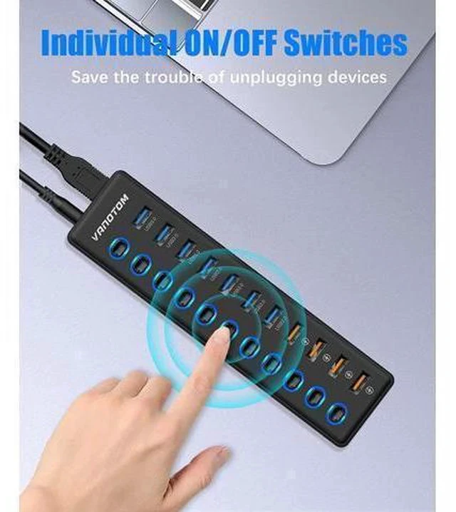 Alt view image 7 of 7 - Powered USB Hub 3.0, 11-Port USB Hub Splitter (7 USB 3.0 Data Ports + 4 Smart Charging Port) with 12V/3A Power Adapter and LED Individual On/Off Switches for Laptop and PC