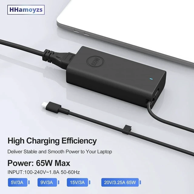 Alt view image 4 of 7 - 65W Laptop Charger USB C - Compatible with Latitude 5420/5520/7420/7430/7480/7490 & Inspiron 14/16/7620/2in1/XPS 13 LA65NM190