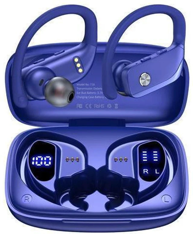 Alt view image 2 of 5 - bmani 2 Sets Wireless Earbuds Bluetooth Headphones 48hrs Play Back Sport Earphones with LED Display Over-Ear Buds with Earhooks Built-in Mic Headset for Workout Blue+Purple