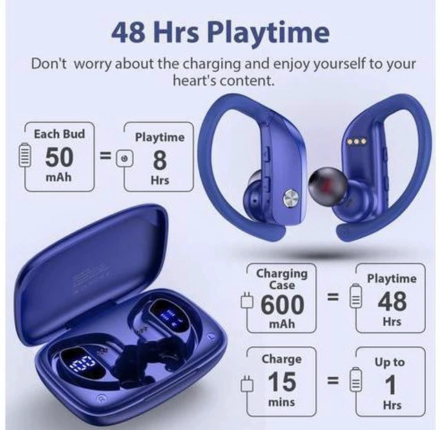 Alt view image 4 of 5 - bmani 2 Sets Wireless Earbuds Bluetooth Headphones 48hrs Play Back Sport Earphones with LED Display Over-Ear Buds with Earhooks Built-in Mic Headset for Workout Blue+Purple