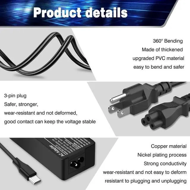Alt view image 5 of 6 - Universal 100W USB-C Laptop Charger for Mac Book Pro/Air 16 15 14 13 Inch Chromebook ThinkPad and Type-C Adapter Charger (Universal 100W USB C Charger)