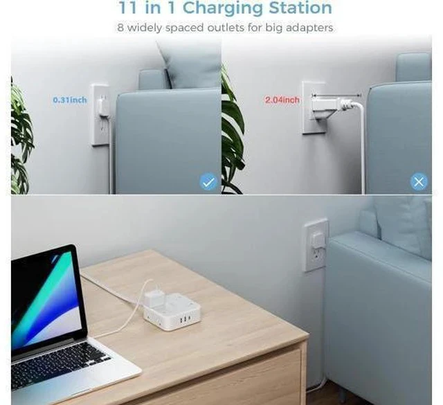 Alt view image 2 of 7 - Surge Protector Power Strip 15 Ft Cord, 8 Widely Spaced Outlets, 3 USB Charger(1 USB C Port), Ultra Thin Flat Plug Extension Cord 15 Feet, 900J Surge Protection for Home, Office, Dorm Room Essentials